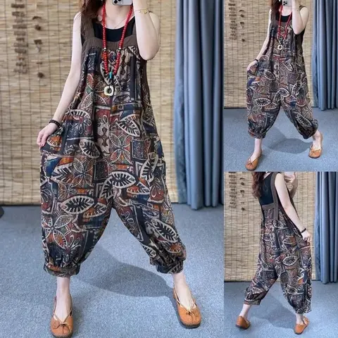 Ethnic Retro Printed Cotton Linen Suspender Jumpsuit For Women Summer New Korean Loose Overalls Large Size Linen Romper Pants