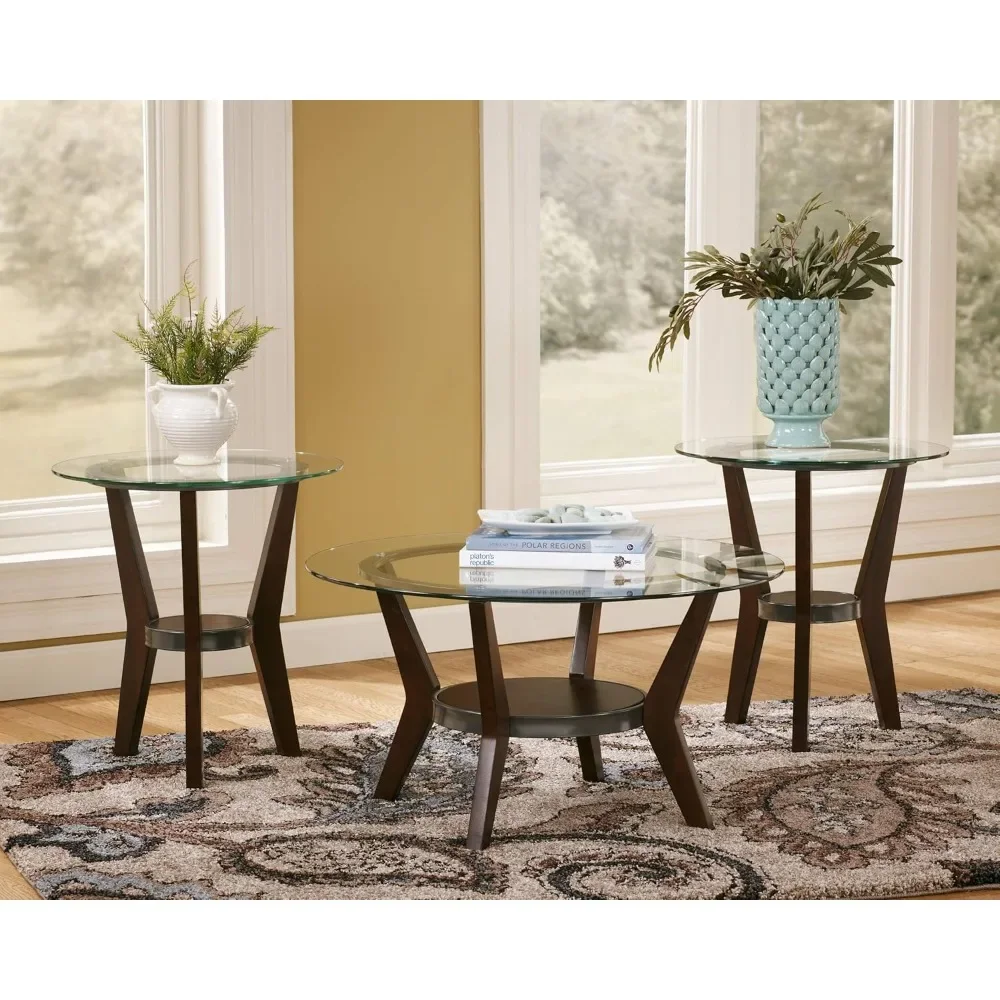 Fantell 3-Piece Table Set, Includes 1 Coffee Table and 2 End Tables with Glass Top and Fixed Shelf