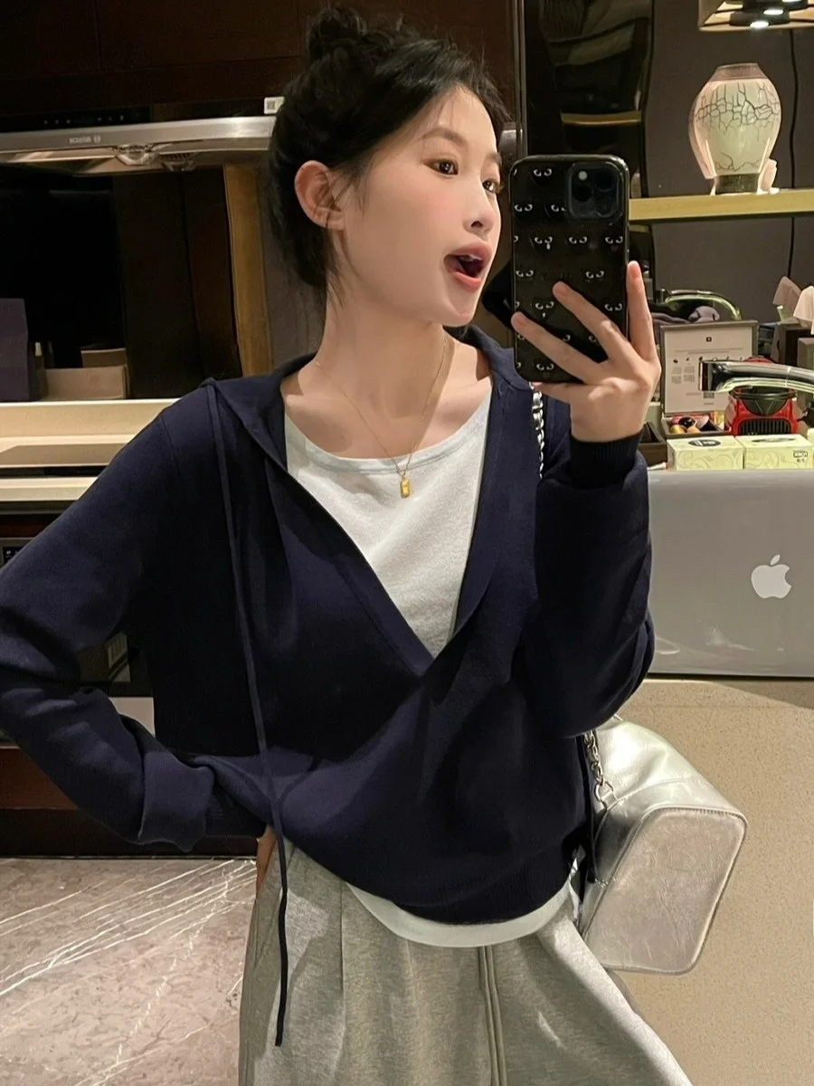 Herbst Winter Damen Gestrickter Kapuzenpullover Streifen Langes Sve Top Lässiges, lockeres T-Shirt in Länge Weiche Viskose-Polyester-Mischung