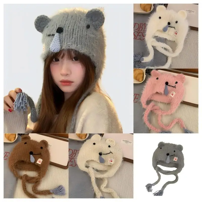 

Cute Cartoon Koala Ears Snot Headgear Female Autumn and Winter Ear Protection Warm Face Small Knitted Wool Hat Tide