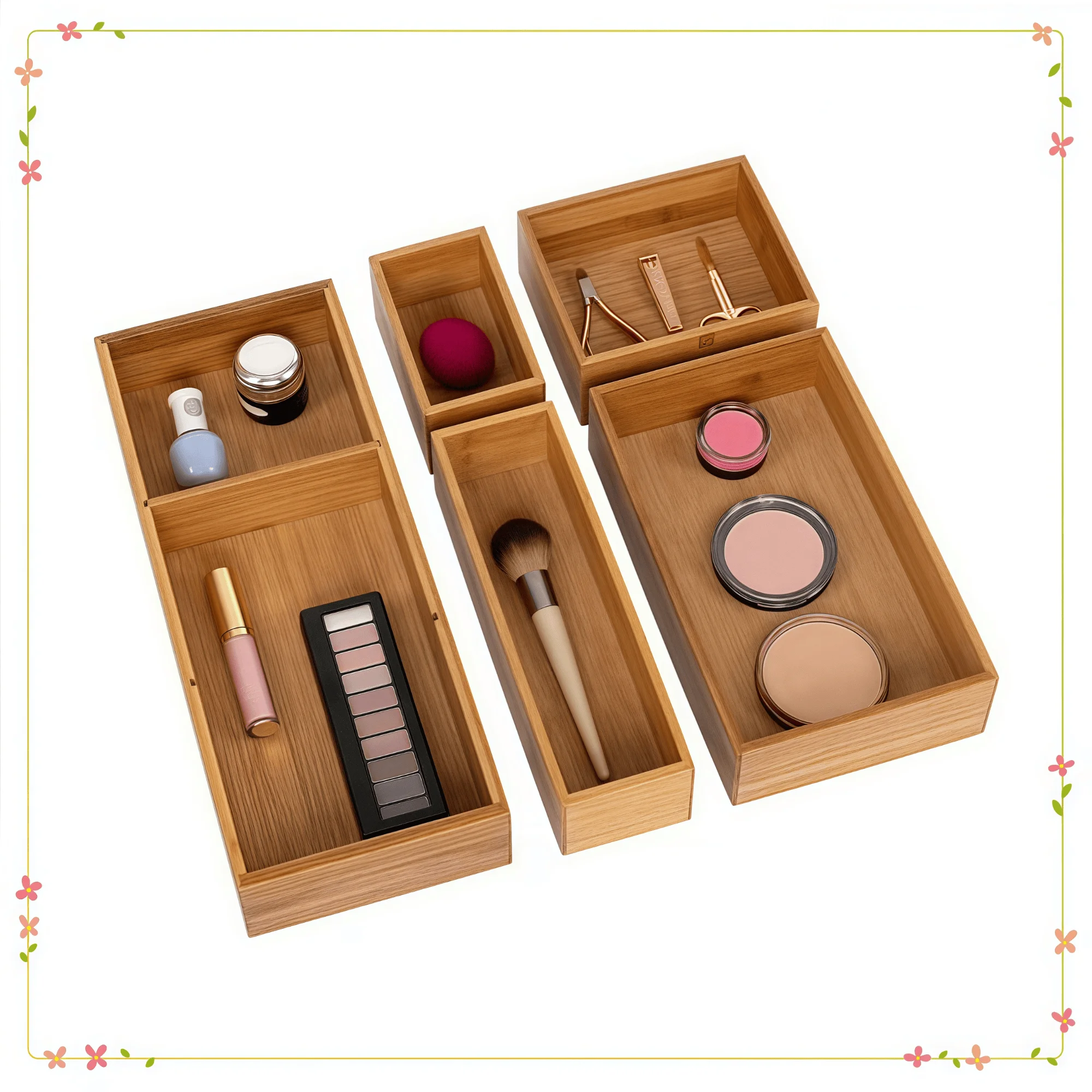 ชุดกล่องเก็บของไม้ไผ่ 5 ชิ้น พร้อมตัวแบ่งช่อง สำหรับจัดระเบียบอุปกรณ์ครัว อุปกรณ์สำนักงาน เครื่องสำอาง และของใช้ในครัว