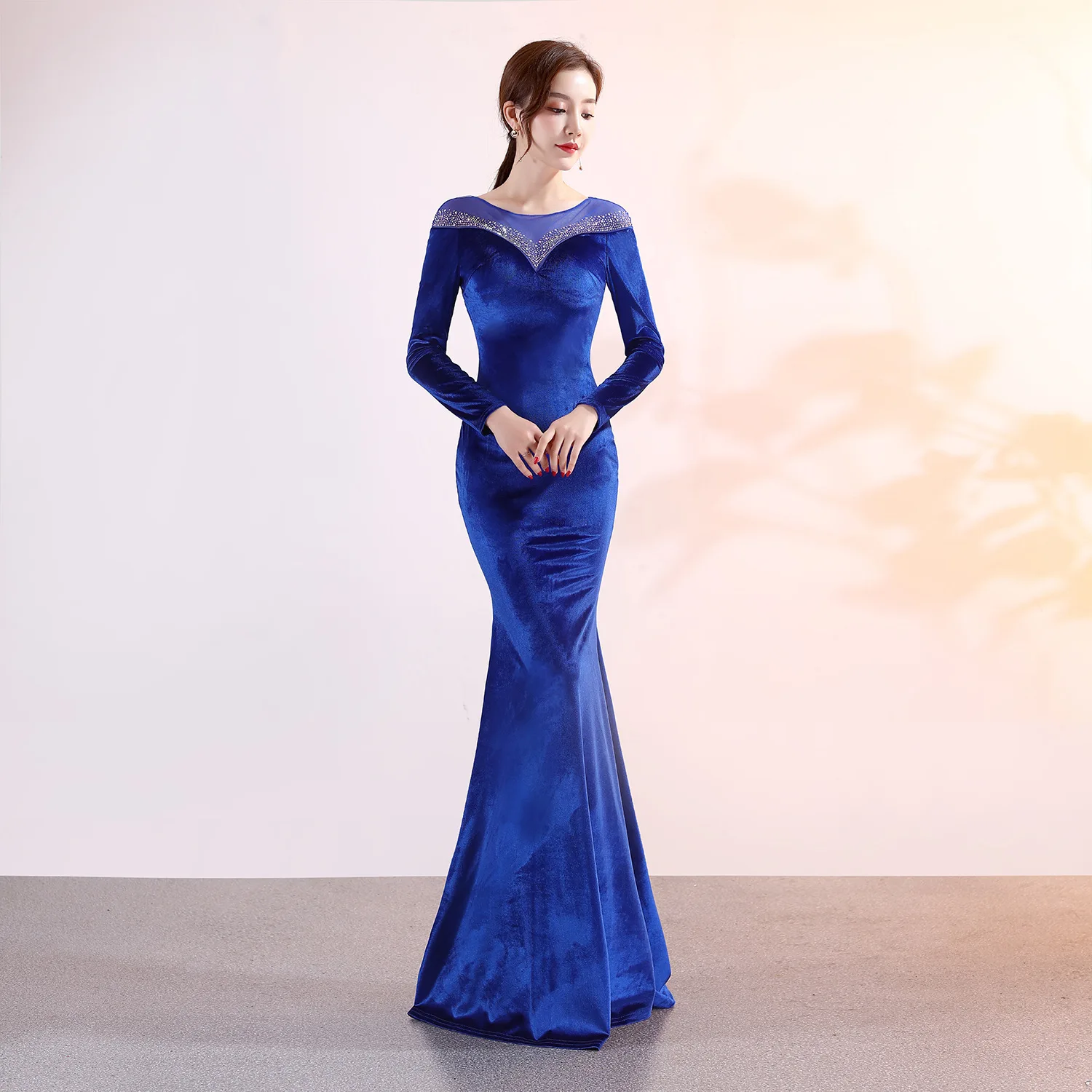 Elegant and Pretty Women's Velvet Prom Dress, Long Sleeves, Bride, Evening, Formal Party, Special Events, Luxury, Korean