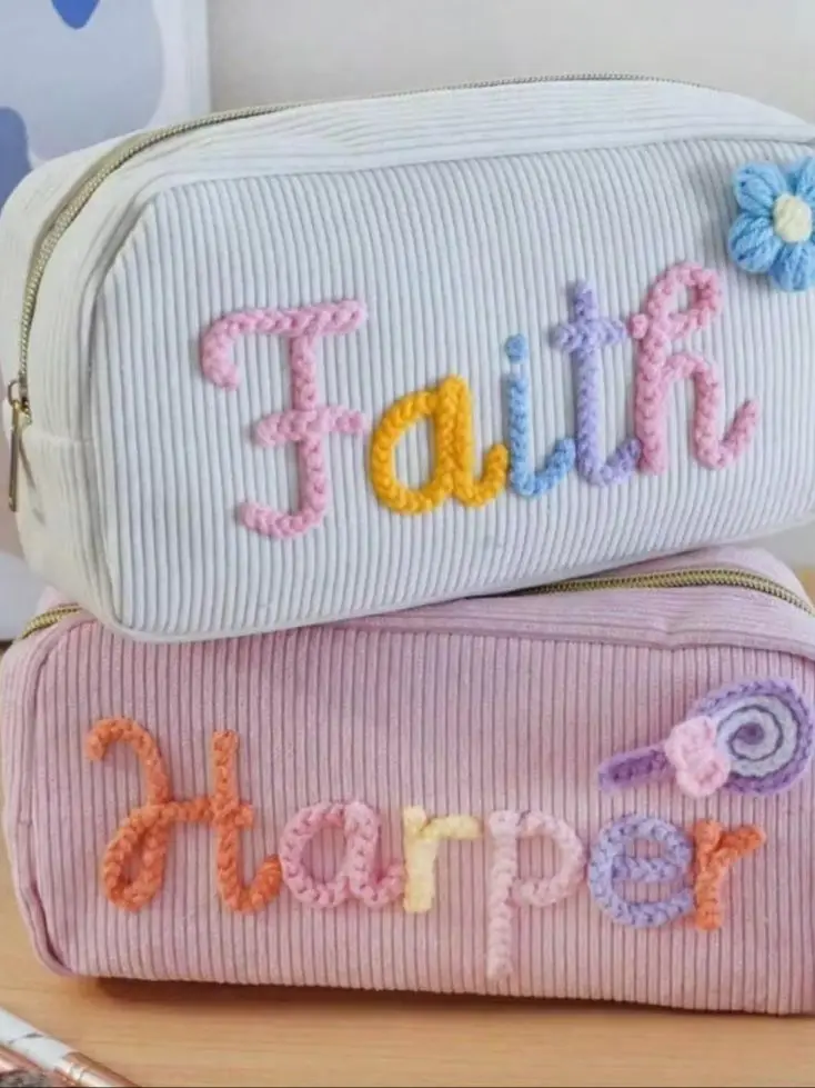 Personalised Corduroy Makeup Bag Custom Name Travel Toiletry Pouch_voghion.com