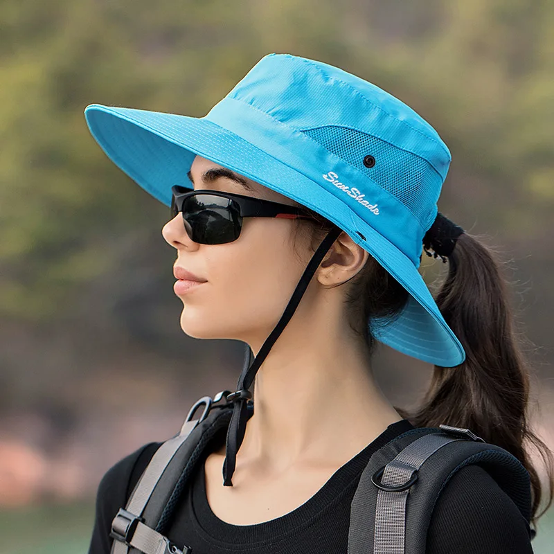 Parent Child Summer Foldable Wide Brim Travel Beach Mesh Sunscreen Fishing Cap Men Women Sun Exposed Ponytail Fisherman Hat V14