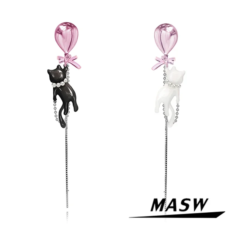 MASW Original Design Lovely Style High Quality Brass White Black Asymmetrical Cat Dangle Earrings For Women Fashion Accessories