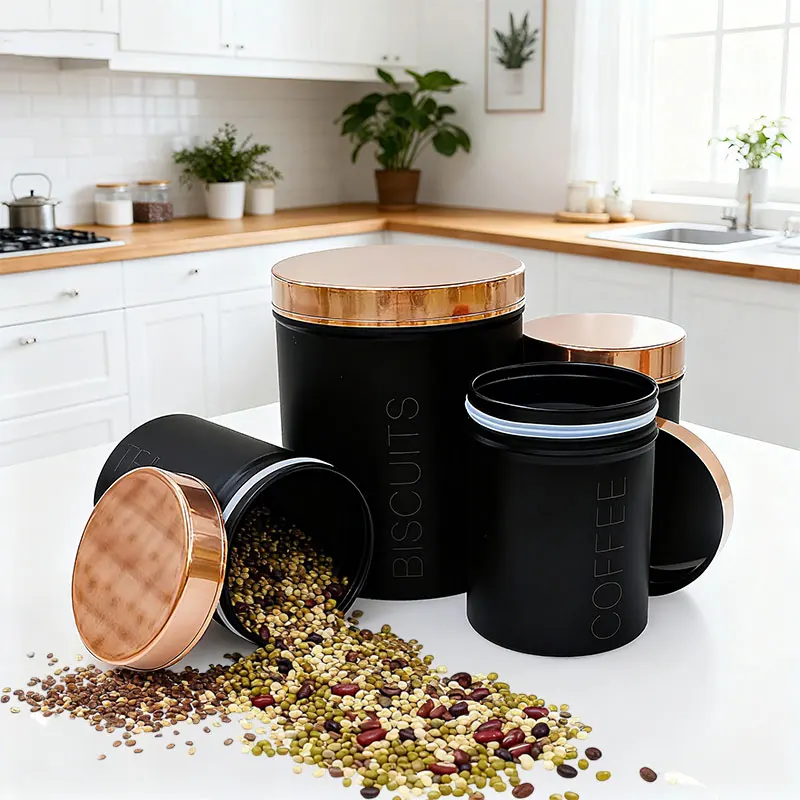 

Kitchen Countertop Airtight Metal Food Storage Containers Kitchen Cookie Bread Box Bread Bin Tea Sugar Coffee Canister Set of 5