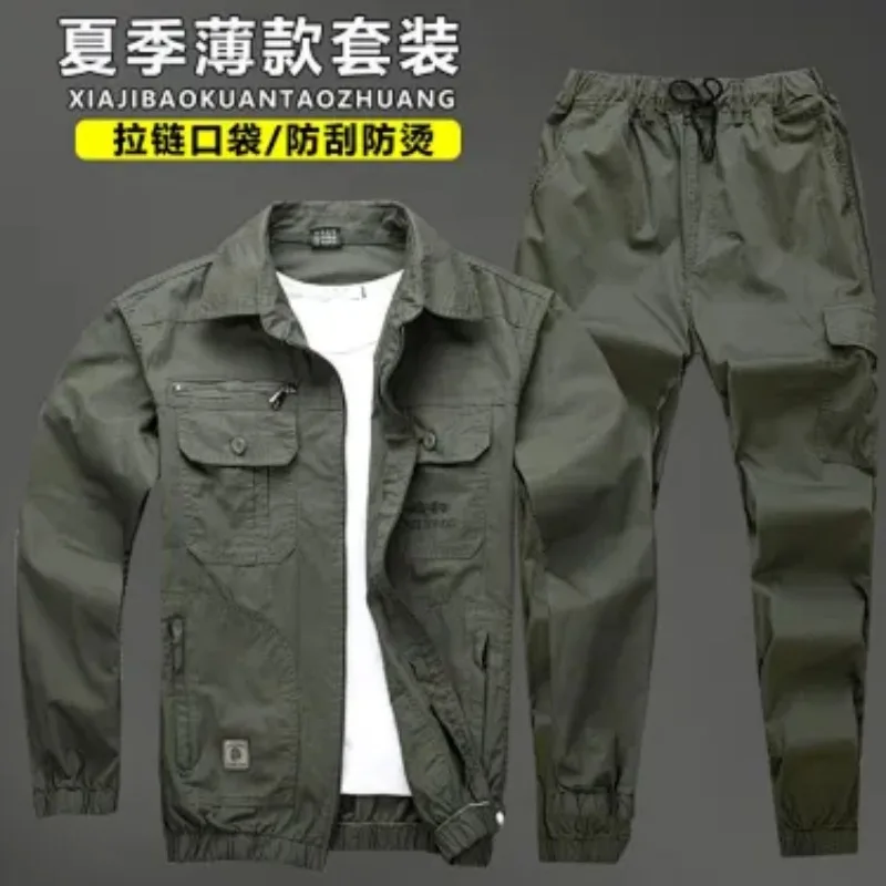 Men Summer Thin Twill Cotton Work Suit Wear Resistant Anti Scald Multi Pocket Labor Workwear For Welding Construction Auto Repai