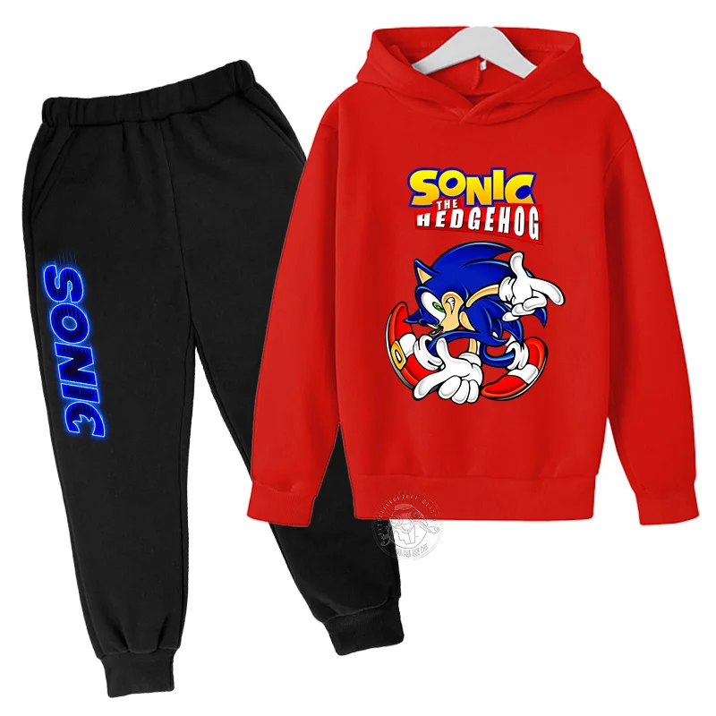 Children's Anime Cartoon Sonic -Letter Printed Autumn/Winter Warm Two Piece Hoodie+Pants Sports Set for Boys and Girls Aged 3-13