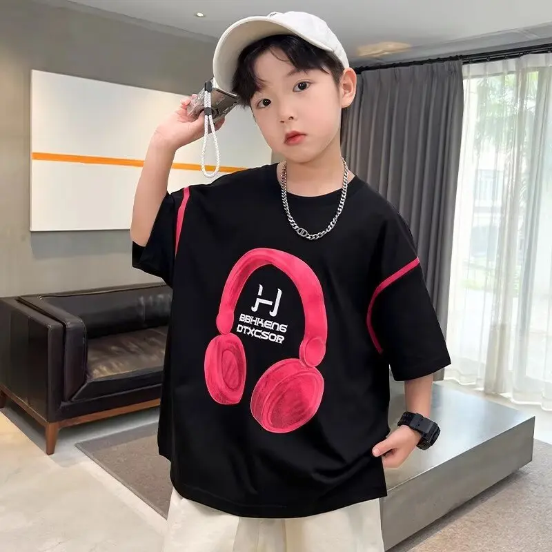Boys Girls Cool T-shirt High Quality Kids Clothes Summer Earphone Graphics Short Sleeve Tees Breathable and Colorfast Boys Tops