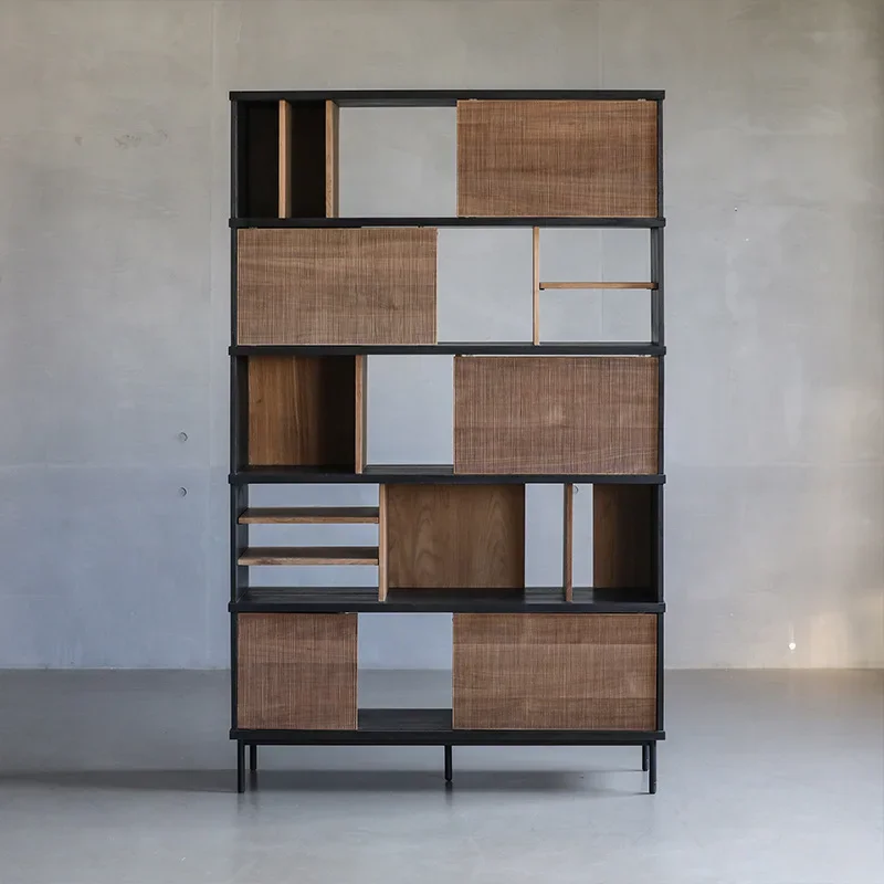 Nordic simple living room floor-to-ceiling bookcase, locker, household teak carving, solid wood display cabinet