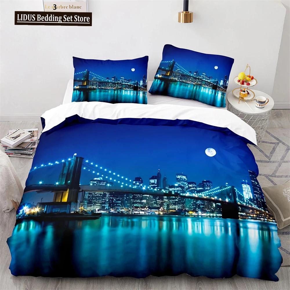 

American City Landscape Duvet Cover Set Statue Of Liberty Pattern King Queen Size Comforter Cover For Teen Polyester Bedding Set