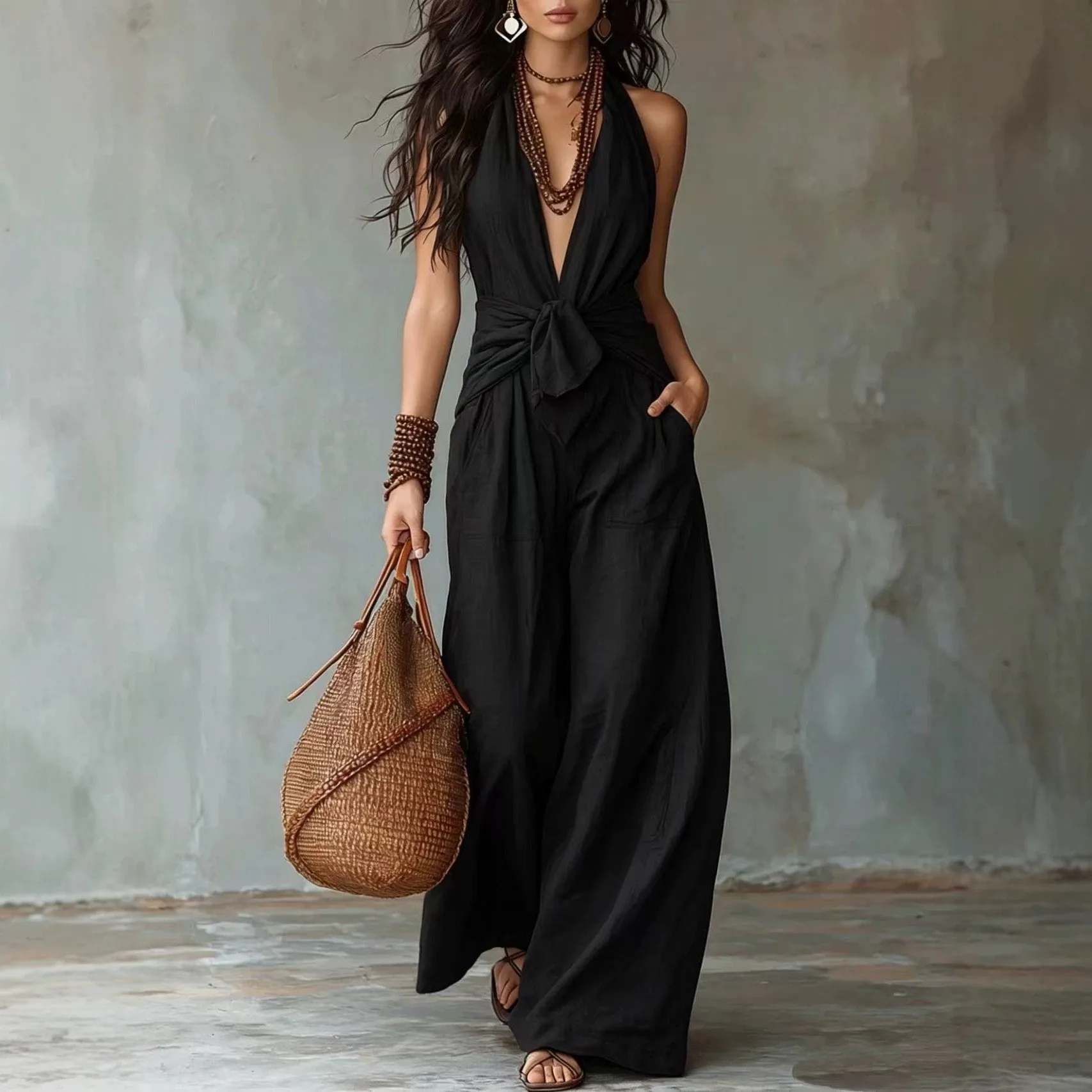 Summer Woman Jumpsuit Halter Neck Tie Waist Romper Black Long Pants Wide Leg Jumpsuit Front Knot Detail Sleeveless Jumpsuit