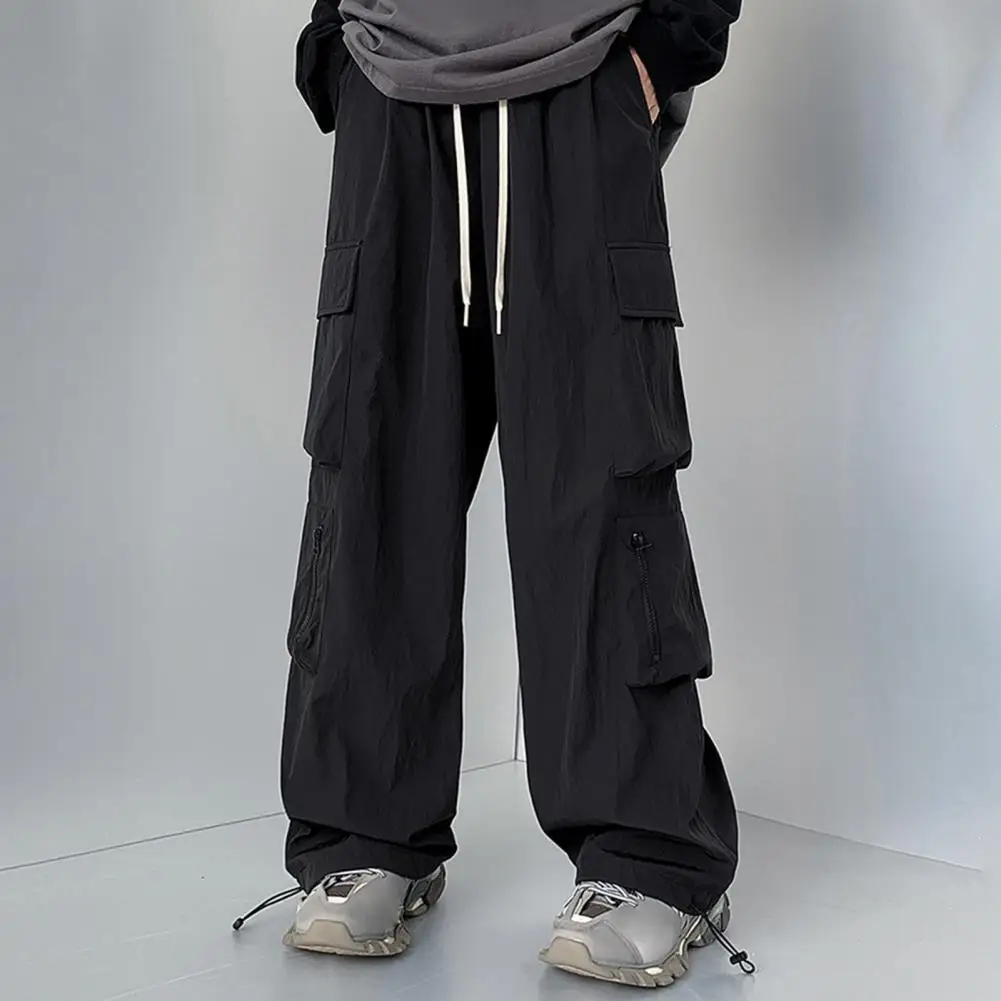 

Elastic Waist Slacks Men's Hip Hop Style Cargo Pants with Drawstring Waist Multiple Pockets for Streetwear Outdoor Travel Loose