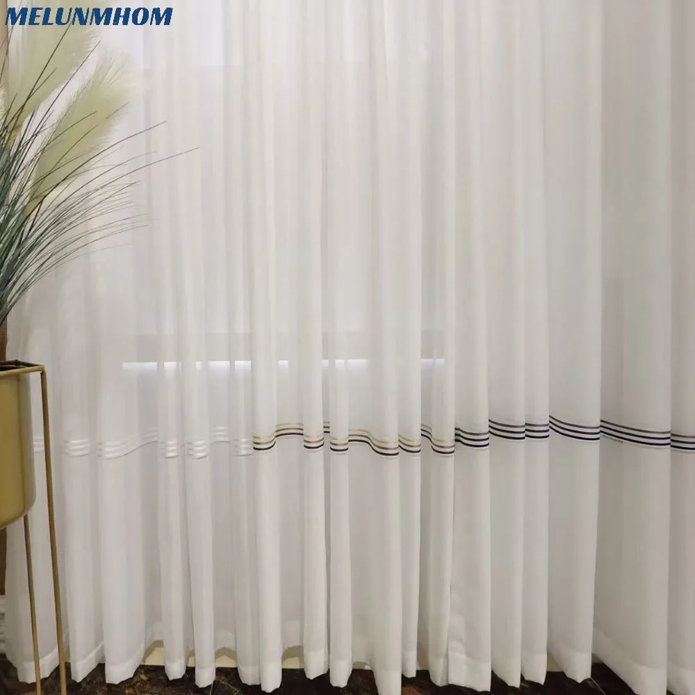 chinese style linen cotton tulle white curtains for living room jacquard window screen rainbow strip sheer yarn finished bedroom