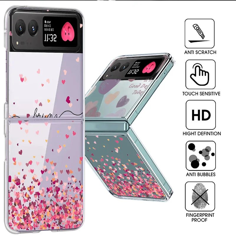 Romantic Little Hearts Transparent Folding Phone Case For Motorola Razr40 Razr50 Razr 40 50 Ultra Clear Shockproof Hard PC Cover