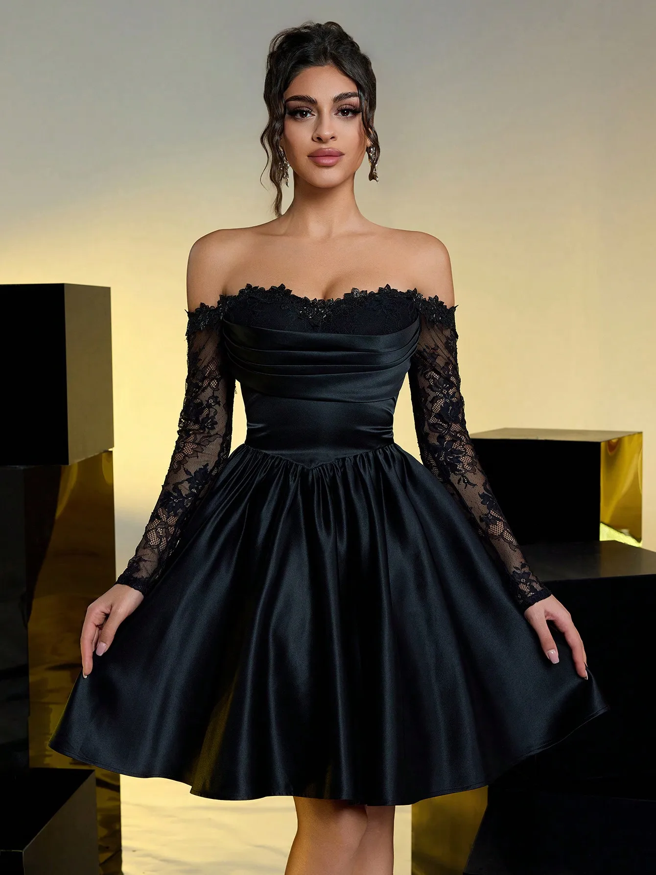 

Black Off Shoulder Lace Sleeve Satin A-Line Dress for Parties Prom Weddings
