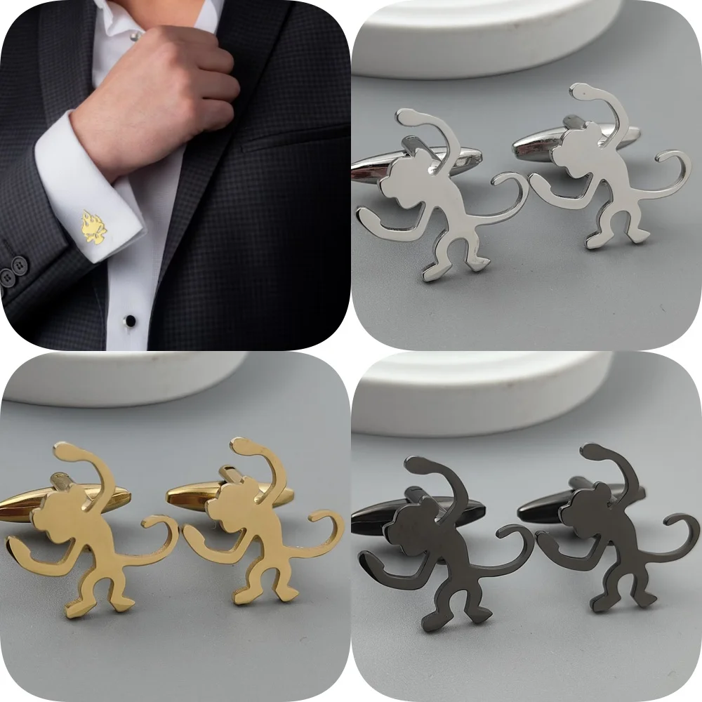 Punk style funny monkey stainless steel 18K gold-plated cufflinks, silver French shirt buttons, suit wedding accessories