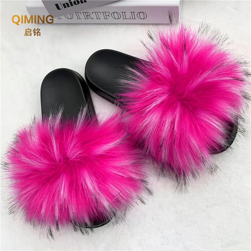 Women\'s Sexy Faux Fur Slippers Plush Furry Fluffy Slippers Outdoor Indoor Flat Platform Shoes Female Casual Flops Woman Slides