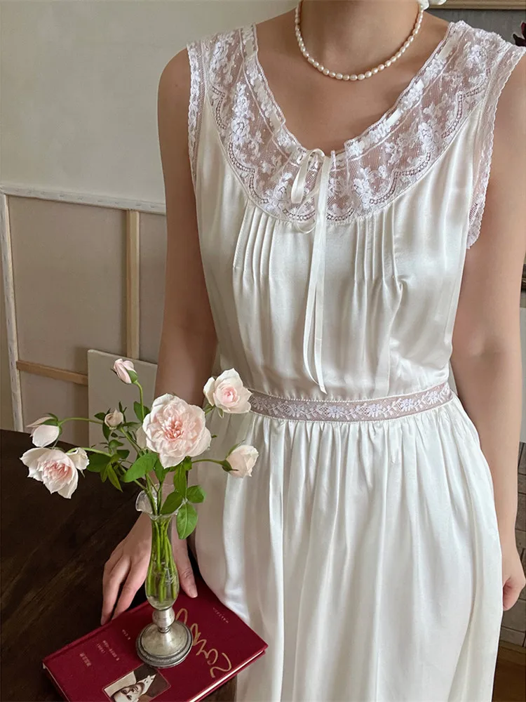 

90-94cm Bust Summer Long Dresses Women Vintage Classic Elegant Romantic Sexy Lace V-Neck Gorgeous Silk Rayon Pearl White Dress
