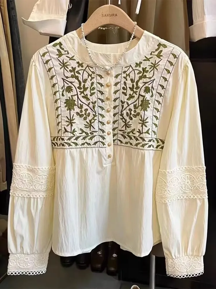 

Elegant Embroidery Blouse Women Fashion Spring Summer O Neck Long Sleeve Tops Shirts Blusas Mujer