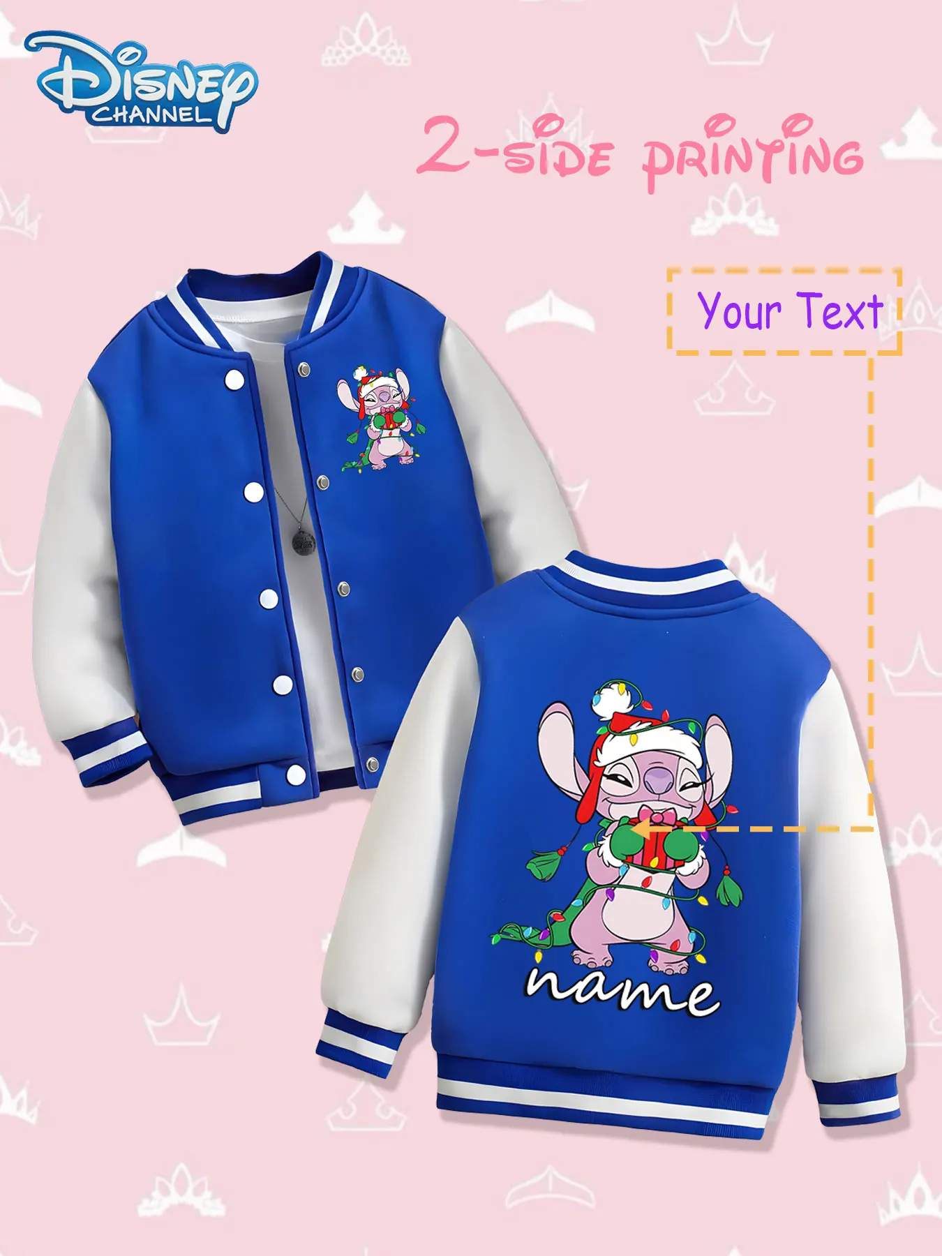 MINISO Disney Christmas Stitch (Pink) Girls' Baseball Jacket - Double-sided holiday print, warm and cute in autumn and winter, s