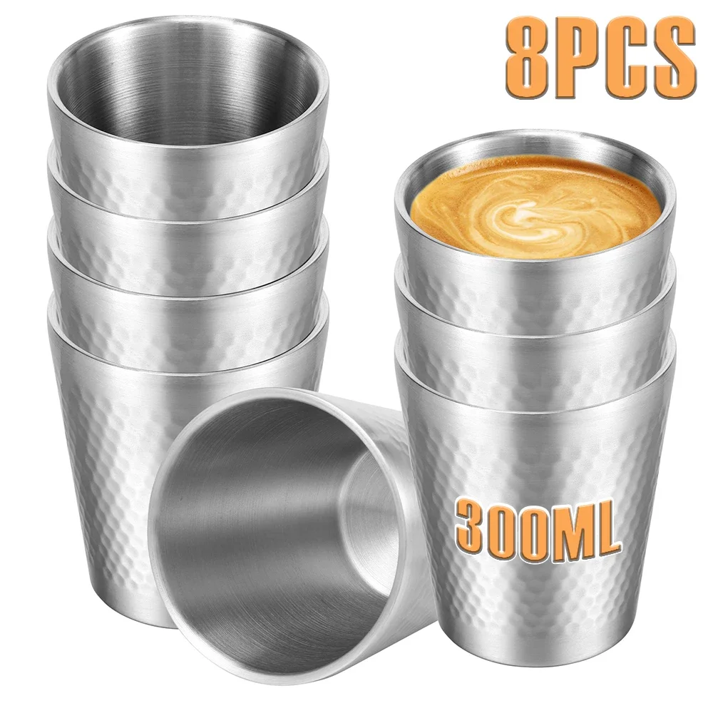 8Pcs 304 Stainless Steel Cup 300ml Double Wall Metal Cup Hammer Patterned Water Cup Vacuum Insulated Water Tumbler Coffee Mug