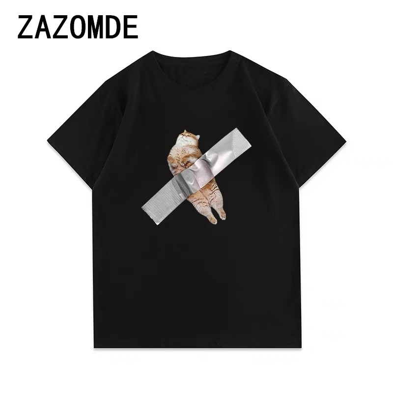 ZAZOMDE 100% Cotton 260G T-shirts Men Funny Cat Print T Shirt Streetwear Daily Casual  Tshirt Top Tees Male Oversized Hip Hop T