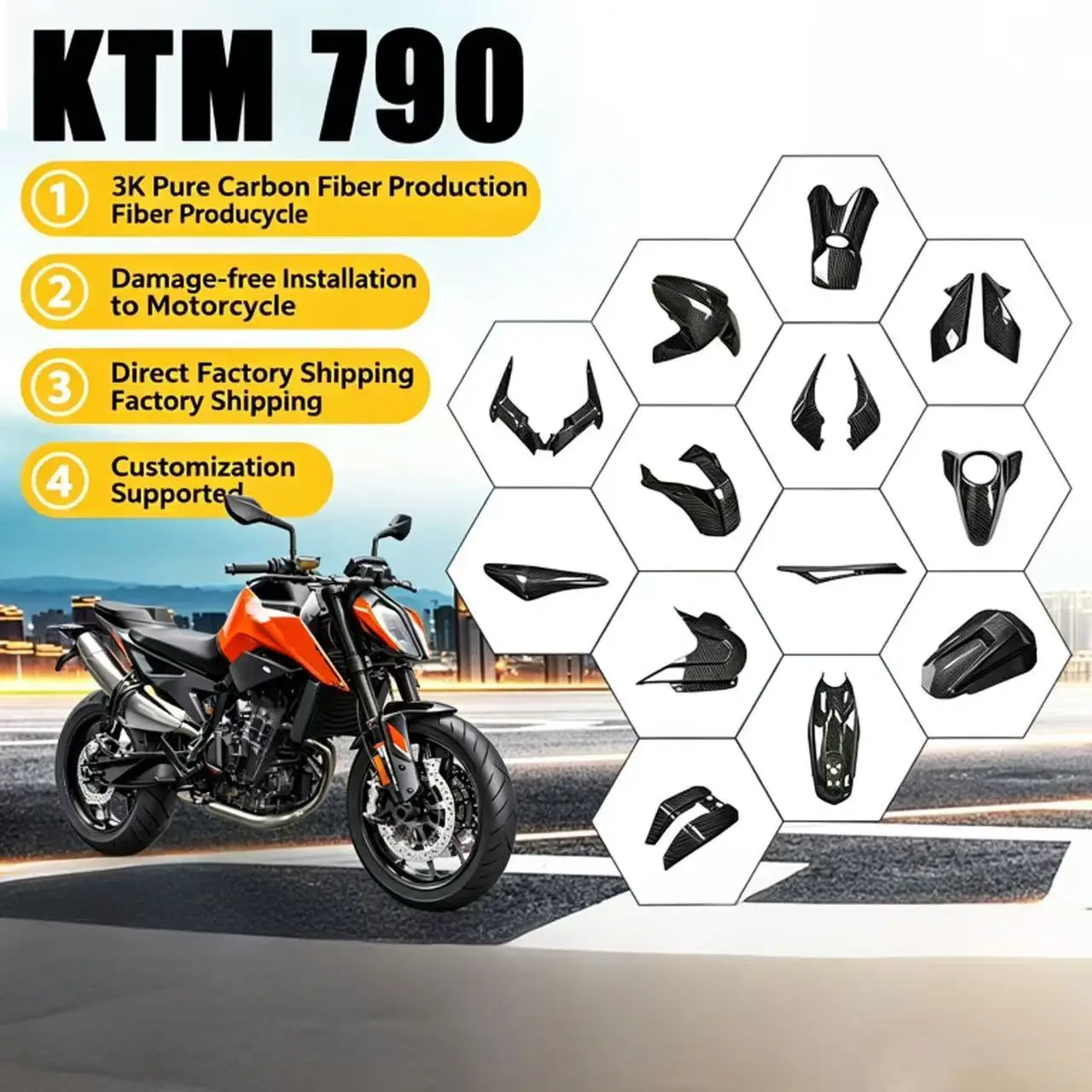 Suitable for KTM 790, 890 DUKE, 2018 - 2023 Carbon Fiber Full Vehicle Body Diffuser Fairing and Fender Accessory Kits