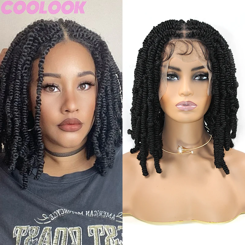 

12'' Synthetic Full Lace Box Braided Wig for African Women Black Bouncy Braids Wig with Jumbo Plait Lace Frontal Twist Braid Wig