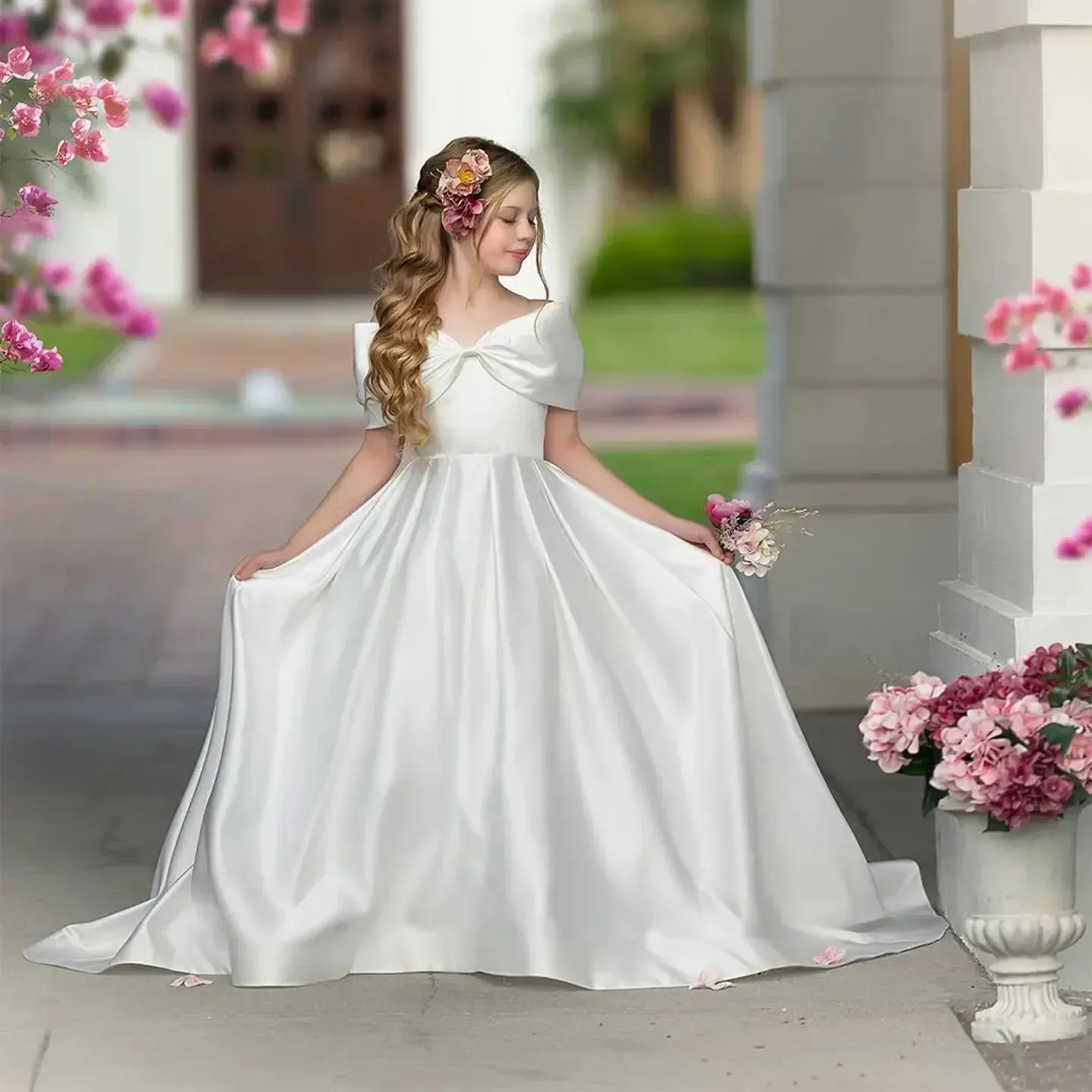 Custom elegant satin white girls' dress with a bow off-shoulder design, suitable for princess birthdays, wedding parties, and fi