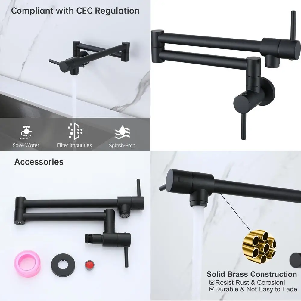 

Commercial Wall Mount Black Pot Filler Faucet with Adjustable Double Joint Swing Arms for Kitchen Sinks