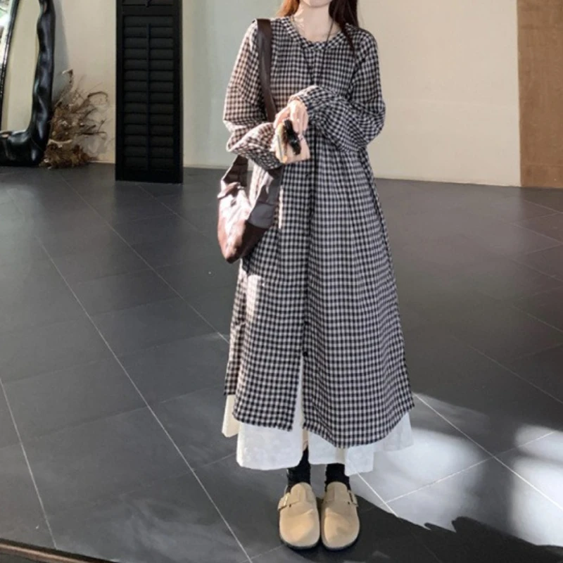 اليابانية منقوشة قميص طويل الأكمام تنورة المرأة الخريف الطبقات كسول نمط طالب مزاجه فستان المرأة قطعتين دعوى