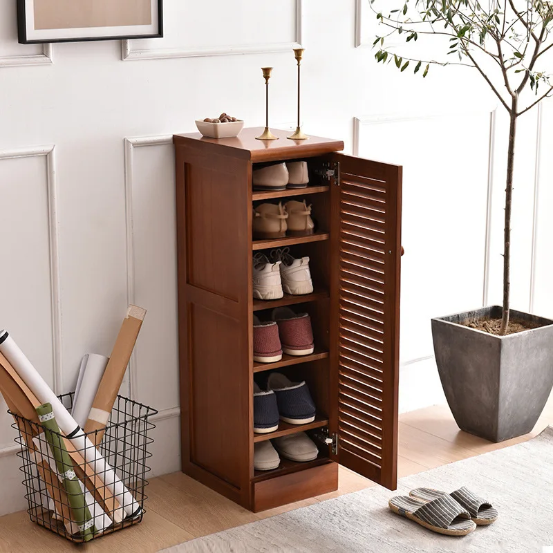 Solid wood shoe cabinet, small apartment at home entrance, single door, small narrow shoe rack, multi-storey balcony