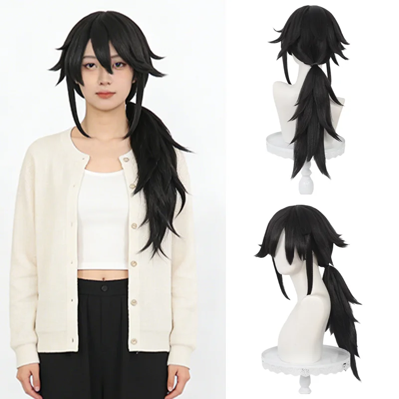 

Water Pillar Tomioka Giyuu Cosplay Wig Unisex Black Layered Spiky Low Ponytail Heat Resistant Synthetic Hair Party Comic Con