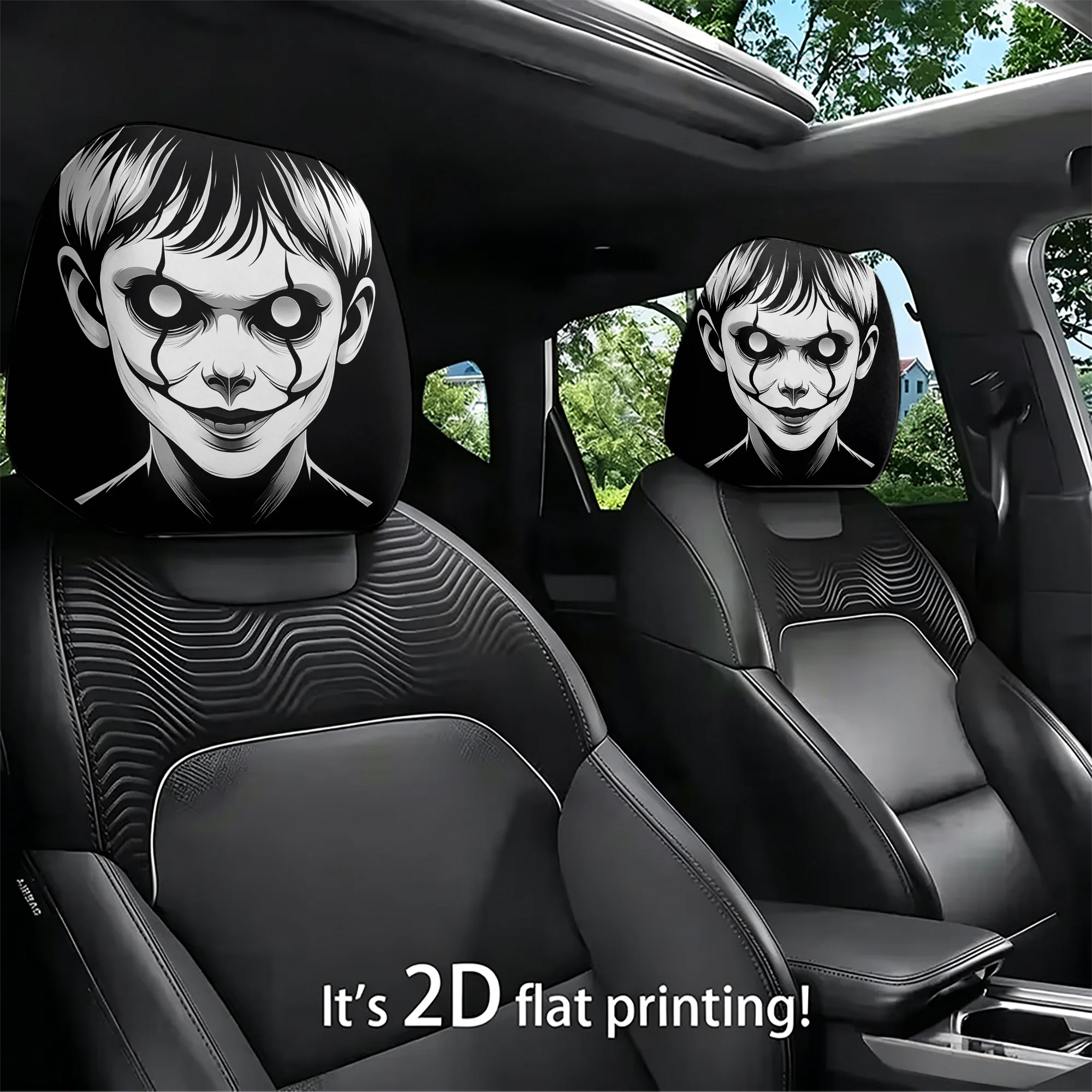 2pcs Spooky Clown-Patterned Car Headrest Covers—adds a spooky vibe to your car’s interior. Filling not included. Easy to install