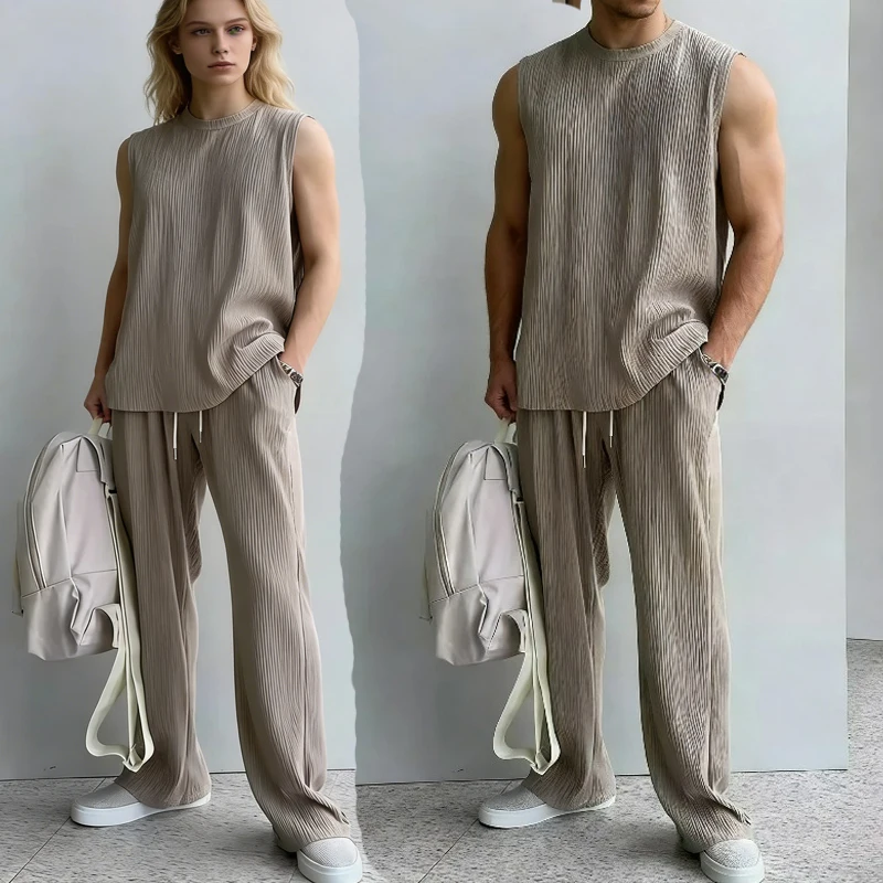 

2026 Unisex Summer Clothing Men's Casual Tank Tops Set Luxury Korean Streetwear O Neck Solid Drape Vest+Trousers 2 Piece Suit