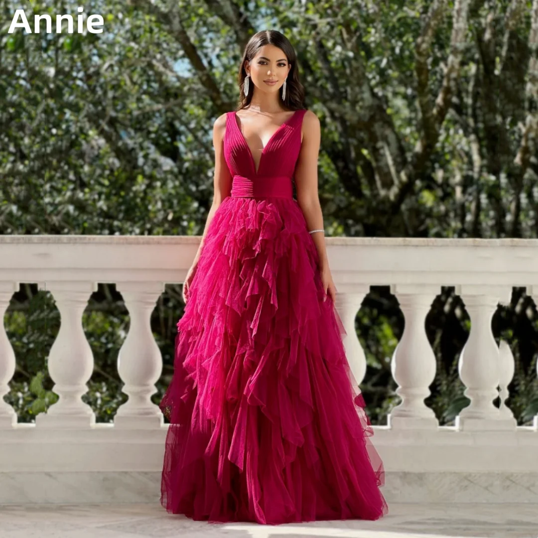 Annie Elegant Wedding Dress Fluffy Handmade Tulle Prom Dresses Deep A-line V-neck Back Formal Occasions Bespoke Occasion Dresses