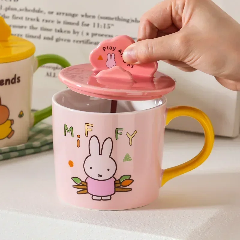 

New Pattern Miffy Cartoon with Cup Lid Ceramics Water Cup Mobile Phone Holder Office Coffee Household Mug Kawaii 350ML