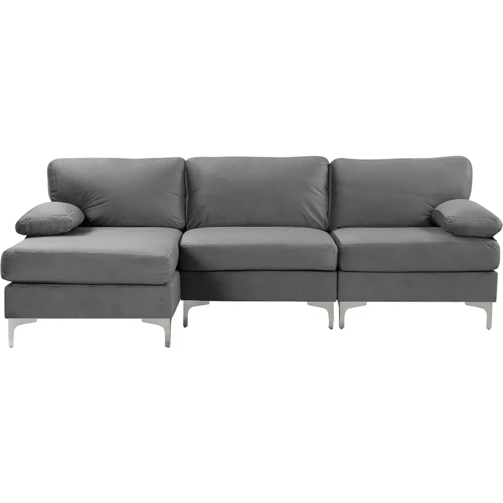 

Modern L-Shape Velvet Fabric Sectional Sofa Extra Wide Chaise, Couch for Living Room Apartment Lounge, Large, Grey