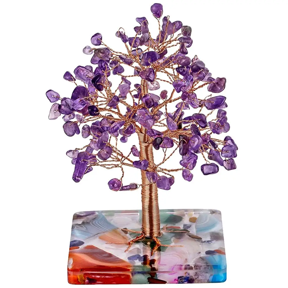 TUMBEELLUWA Natural Healing Crystal Tree with Agate Slices Resin Base for Home Decor,Copper Wrapped Money Tree for Wealth & Luck