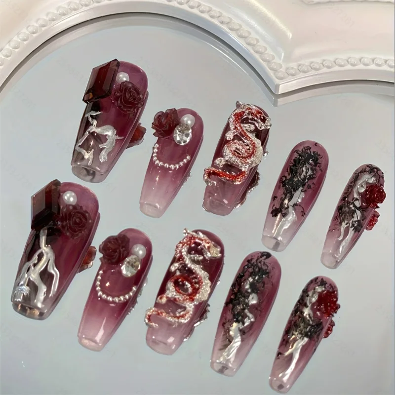 

10 шт. прессованные ногти ручной работы Y2K, красные накладные ногти, украшенные декоративными драгоценными камнями ручной работы, носимые ногти