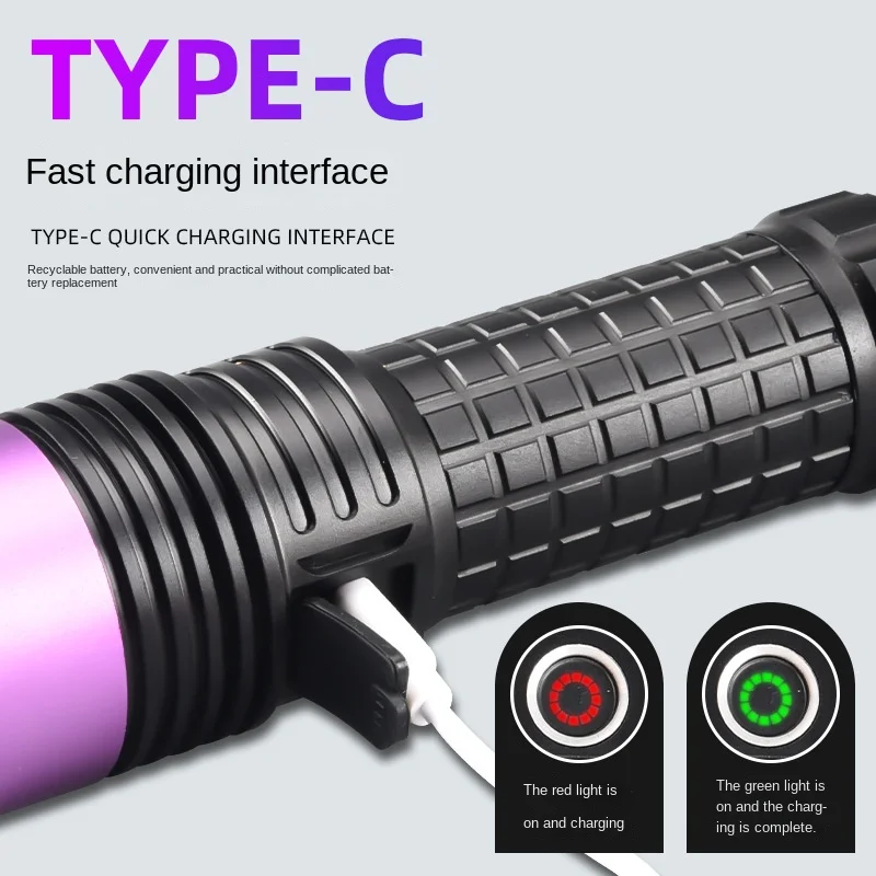 60W 365NM UV Flashlight High Power Type-c Rechargeable Portable Waterproof 26650 Uv Torch Linterna Ultravioleta LED Black Light