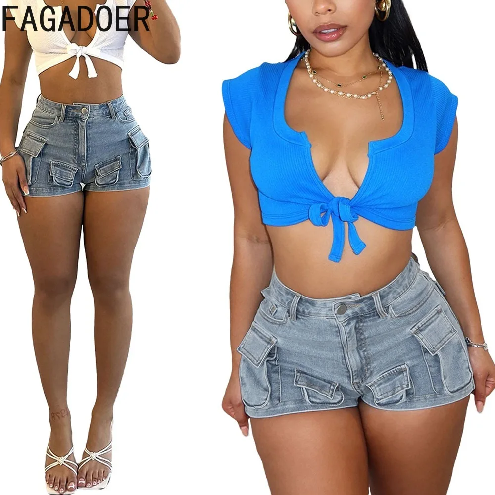 

FAGADOER Blue Fashion Pocket Cargo Jeans Shorts Women High Waisted Button Elasticity Skinny Shorts Casual Female Denim Bottoms