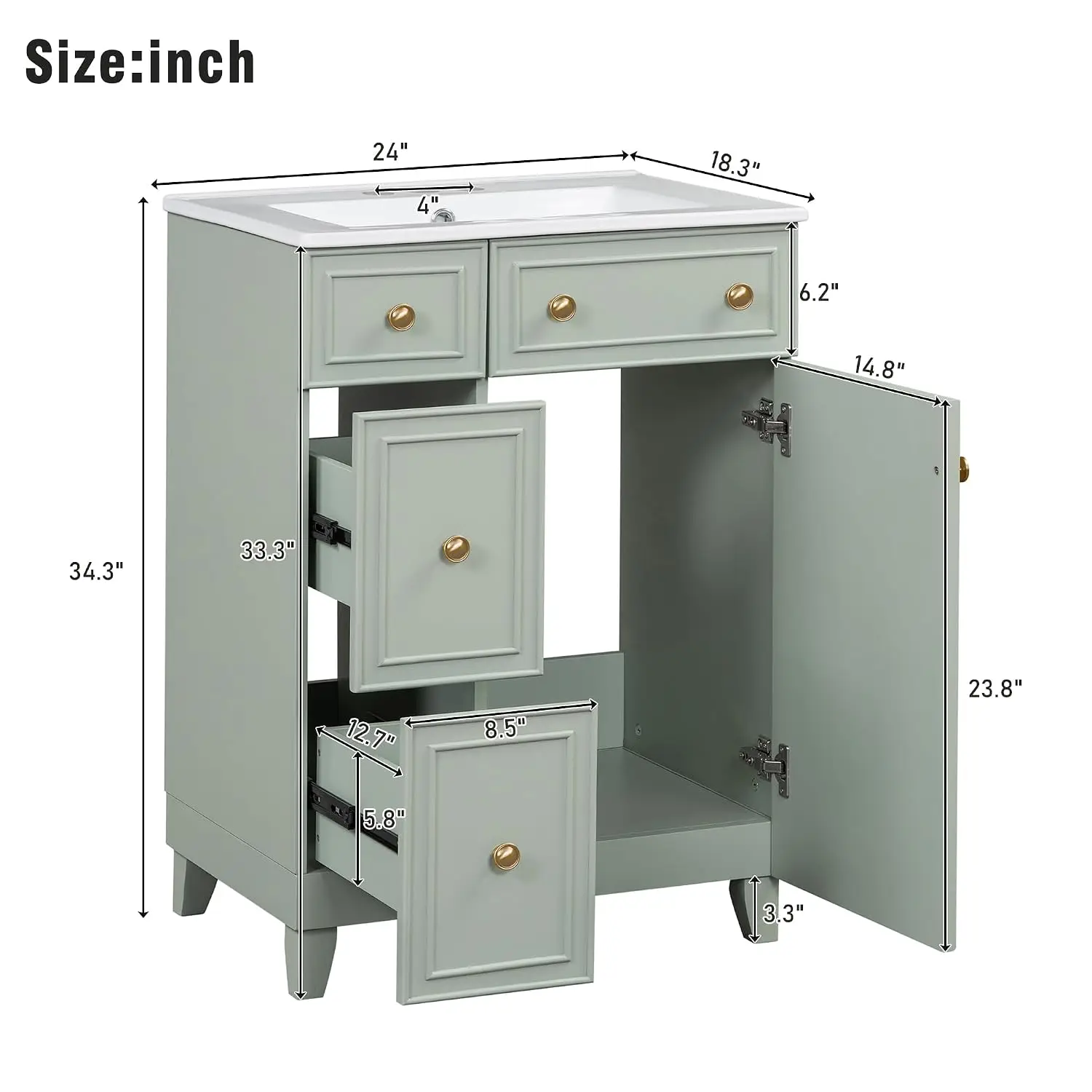 Small Bathroom Vanity 24 Inch Undermount Sink Cabinet with Soft Close Door Easy Assembly Green, Customized