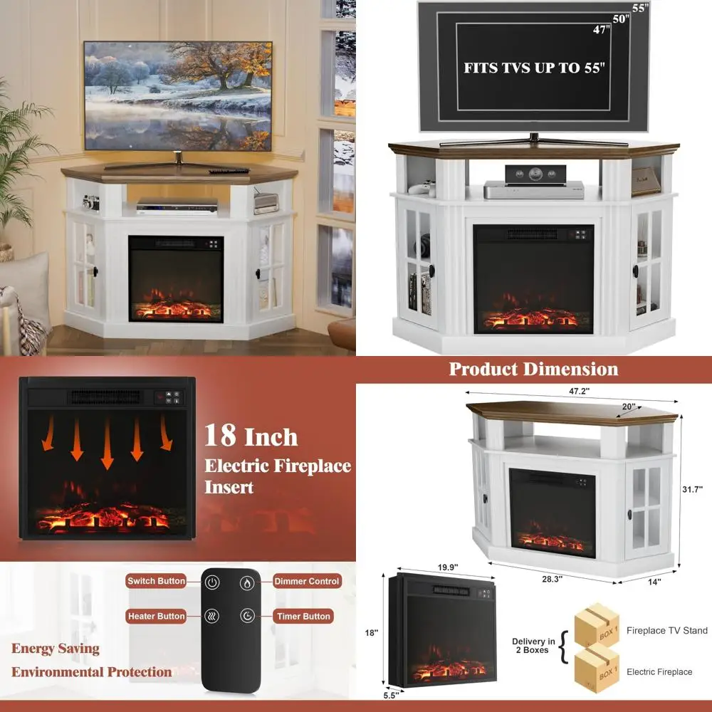 Soporte de TV esquinero para chimenea para TV de hasta 55 pulgadas, consola de TV moderna con chimenea eléctrica de 18 pulgadas, centro de entretenimiento con op