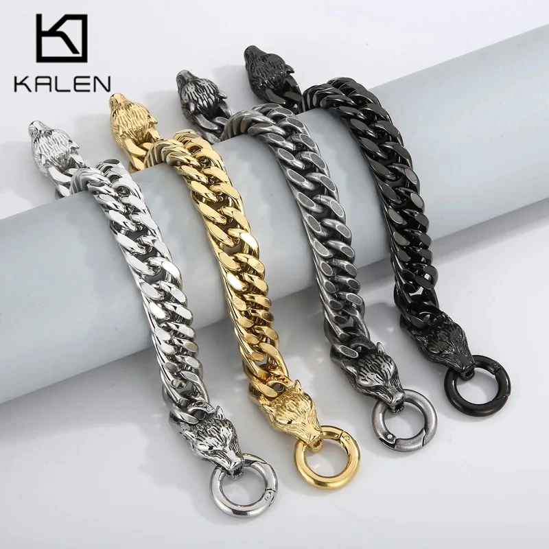 Creative 12mm Wolf Charm Bracelet for Men High Quality Stainless Steel Vintage Cuban Chain Party Jewelry Personalized Gift