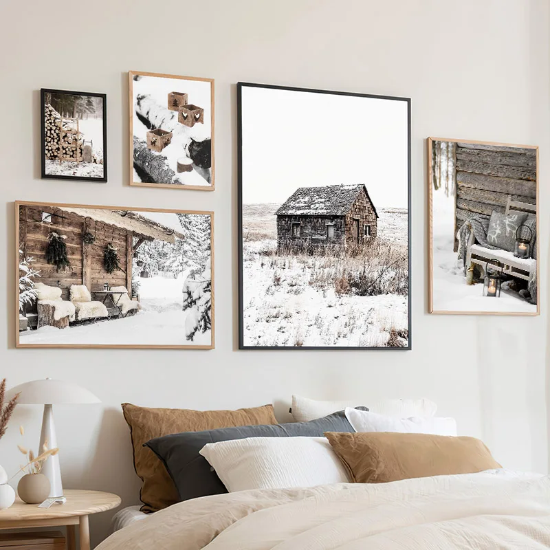 Winter Scenery Posters And Prints Snow Rural Houses Firewood Squirrel Deer Canvas Painting Wall Art Living Room Home Decoration