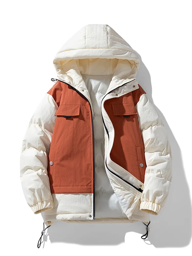 Winter Man Down Jacket Thicken Contrast Color Patchwork Zipper Men Outerwear Long Sleeve Zipper Versatile Male Hooded Coat