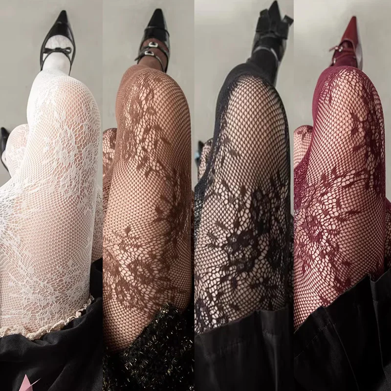 Harajuku Black White Brown Hollowed Out Lace Mesh Pantyhose Floral Rattan Bottomed Stockings Sexy Women Tights Fashion Hosiery