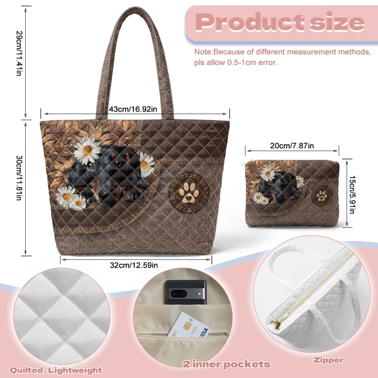 Coloranimal Floral Skull 2026 New 2 Piece Quilted Tote Bag with Wallet Casual Purses and Handbags Set